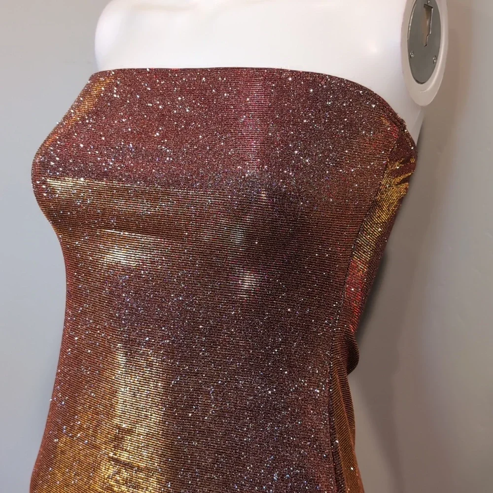 SHEIN Golden Copper Sparkly Strapless Bodycon Mini Party Dress With Slit Size XS